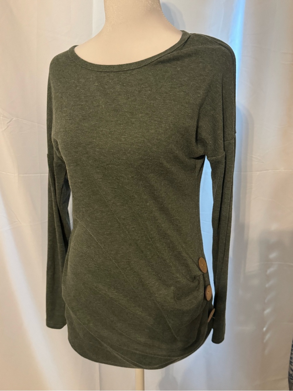 Women's Olive Green Long-Sleeve Knit Top with Side Buttons